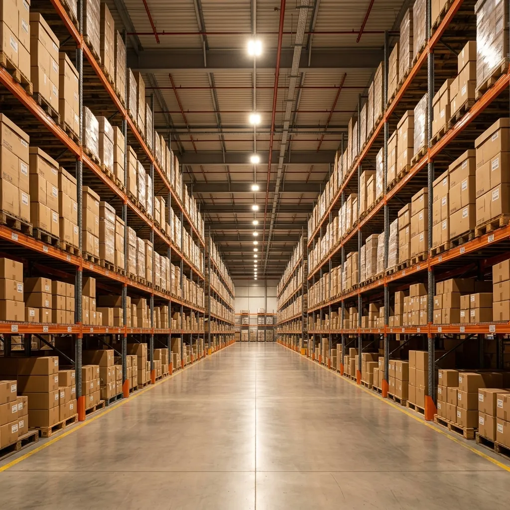 Modern warehouse with organized industrial racking and supplies